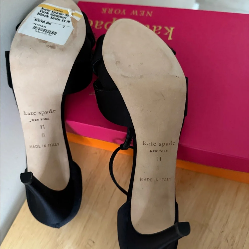 kate spade Black Satin Heels with T-strap Design and Feather Pom-pom Decoration - Picture 4 of 4